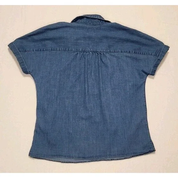 Chicos Denim Tunic Short Sleeve Size 1 Medium Blue Collared - Picture 3 of 8